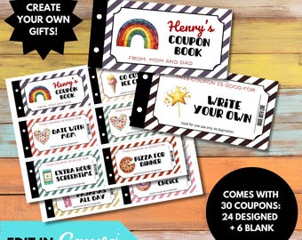 Livret de bons de réduction modifiables pour enfants | Cadeau bricolage imprimable pour les fêtes d'anniversaire | Récompenses pour comportement positif | Bons personnalisés amusants