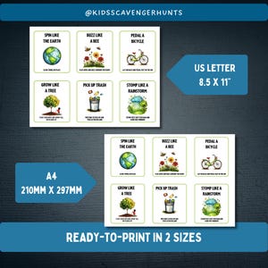 Peut inclure: Cartes imprimables avec des instructions sur le th&egrave;me de la nature pour une chasse au tr&eacute;sor. Les cartes pr&eacute;sentent des illustrations d'une terre qui tourne, d'une abeille qui bourdonne, d'un v&eacute;lo, d'un arbre qui pousse, d'une poubelle et d'une temp&ecirc;te de pluie. Les cartes sont disponibles en deux tailles&nbsp;: 8,5 x 11 pouces et 210 x 297 mm.