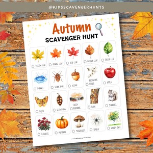 May include: A printable autumn scavenger hunt checklist with illustrations of fall foliage, a puddle, a stink bug, an acorn, migrating birds, an apple, a moth, seed pods, a foggy morning, tree bark, a squirrel, flowers, a pumpkin, a mushroom, a spider, and a windy day.