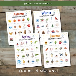 Puede incluir: Cuatro tarjetas de búsqueda del tesoro imprimibles para cada estación del año. Las tarjetas presentan ilustraciones de acuarela de artículos para encontrar en la naturaleza, como un cardenal, un girasol, una mariquita y una piña. Las tarjetas se titulan "Búsqueda del tesoro de otoño", "Búsqueda del tesoro de invierno", "Búsqueda del tesoro de primavera" y "Búsqueda del tesoro de verano".