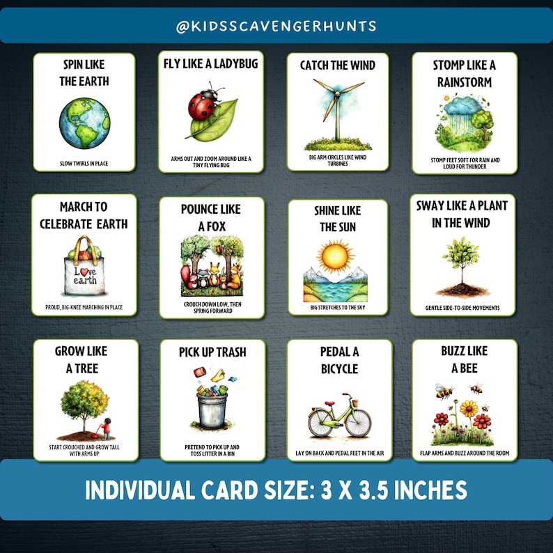 Peut inclure: Un jeu de 12 cartes illustr&eacute;es color&eacute;es avec des instructions pour une chasse au tr&eacute;sor. Chaque carte pr&eacute;sente une action diff&eacute;rente &agrave; r&eacute;aliser, comme "Tourner comme la Terre" ou "Voler comme une coccinelle". Les cartes mesurent 7,6 cm sur 8,9 cm.