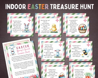 May include: A set of nine colorful cards with illustrations and text for an indoor Easter treasure hunt. The cards feature bunnies, chicks, lambs, bees, carrots, and Easter eggs. The text on the cards includes clues for the hunt, such as "Hop, hop, hop - just like me. Look somewhere low where your legs might be. It's a place to sit and eat. Look underneath to find this treat!"