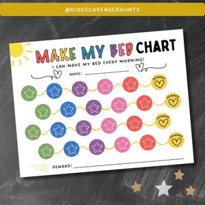 Op de afbeelding: Een printbare kaart met een kleurrijk regenboogontwerp om kinderen te helpen leren hun bed elke ochtend te maken. De kaart heeft een ruimte voor de naam van een kind en een beloningssectie. Het bevat een reeks sterren die ingevuld moeten worden wanneer een kind de taak voltooit.