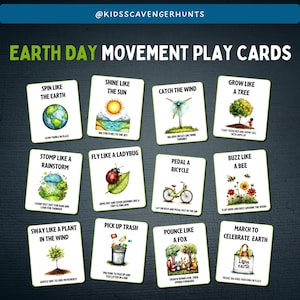 Peut inclure: Un jeu de 12 cartes illustr&eacute;es pour le Jour de la Terre. Chaque carte pr&eacute;sente une activit&eacute; diff&eacute;rente, comme "Tourner comme la Terre", "Briller comme le Soleil", "Attraper le vent", "Grandir comme un arbre", "Marche comme une temp&ecirc;te", "Voler comme une coccinelle", "P&eacute;dale sur un v&eacute;lo", "Bourdonner comme une abeille", "Se balancer comme une plante dans le vent", "Ramasser les d&eacute;chets", "Se jeter comme un renard", et "Marcher pour c&eacute;l&eacute;brer la Terre".