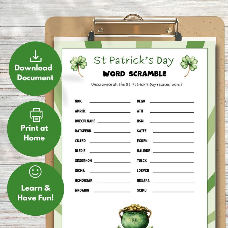 Printable St. Patrick’s Day Word Scramble | Fun Kids Activity | Holiday ...