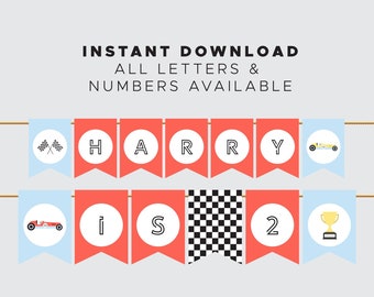 Instant Download Vintage Race Car Birthday Party Bunting Flags (Printable Digital File Only)