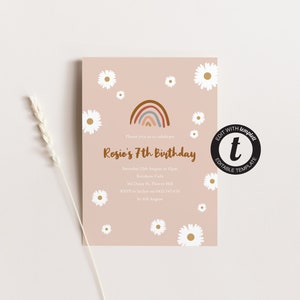 Boho Rainbow Party Invitation, Boho Floral Printable Party Invite, Daisy Editable Birthday Invitation Template, Digital File