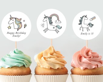 centerpieces printable digital file only personalised rainbow unicorn cupcake toppers paper party supplies