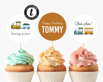 DIY EDITABLE TEMPLATE Vintage Train Cupcake Toppers (Printable Digital File Only)