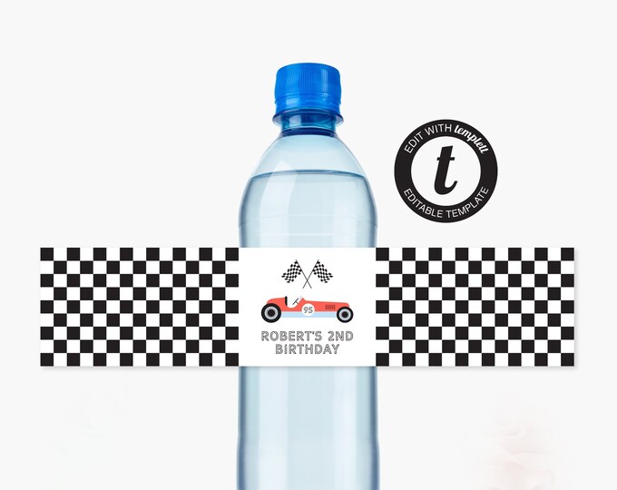 Race Car Water Bottle Label Template, Racing Car Editable Water Bottle ...