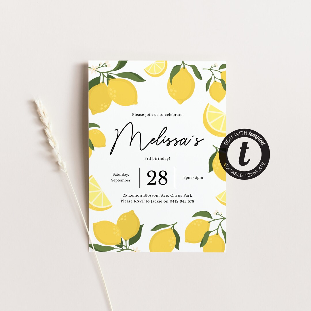 Lemon Printable Party Invite Main Squeeze Editable Birthday - Etsy