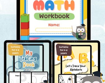 May include: A set of three printable workbooks for kindergarteners. The first workbook is a maths workbook with a colourful cover featuring a building block and a jigsaw piece. The second workbook is a tracing book with a cover featuring a cute owl holding a pointer. The third workbook is a tracing alphabet book with a cover featuring a cute owl holding a book. All three workbooks are suitable for ages 4-6.