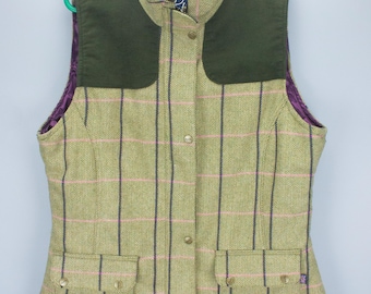 Chaleco de tweed para mujer Rydale, estampado de cuadros oliva, espiga, mezcla de lana, estilo campestre, talla 16