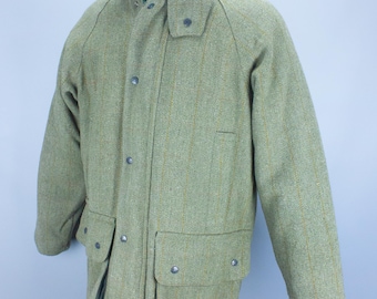 Bronte Men&#39;s Green Wool Herringbone Field Coat, Country Style Jacket, Classic Tweed, Size L, Rustic Vintage Look, Ideal for Outdoors