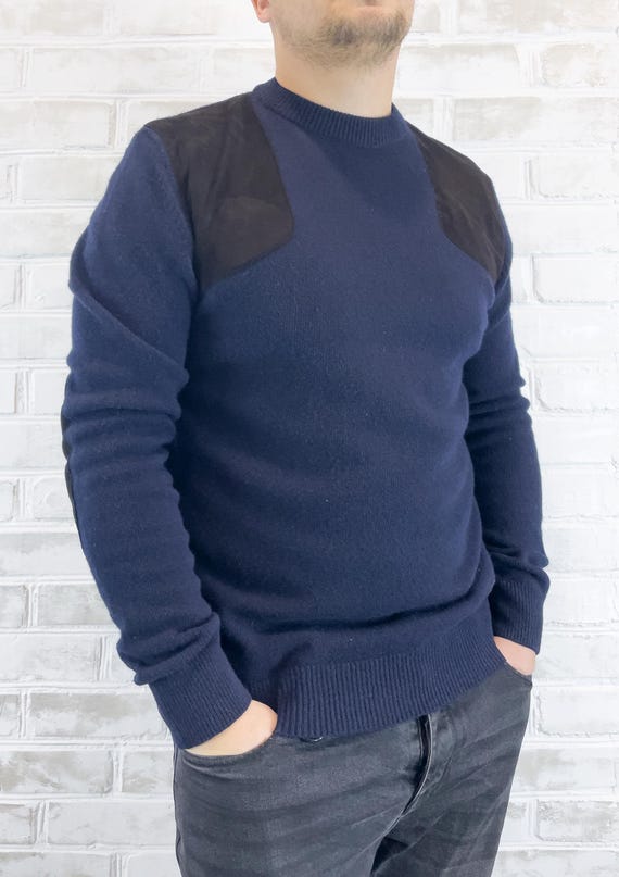 Men’s Barbour Wool Sweater M | Vintage Blue Pullover with Suede Patches | Cozy Casual Knitwear | Gift for Him | Outdoor Style
