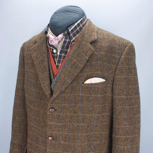 Blazer Harris Tweed para hombre - Chaqueta vintage de lana - Abrigo de tweed a cuadros marrón - Chaqueta con coderas - Estilo británico clásico - Talla 44S