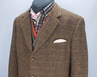 Harris Tweed Mens Blazer - Vintage Wool Jacket - Brown Check Tweed Coat - Elbow Patch Jacket - Classic British Style - Size 44S