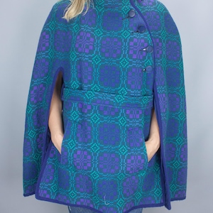 Vintage Welsh Woollens Cape | Dillad Coracle Corwgl | Multicolor Tapestry Blanket Coat | S-M | Pure Wool