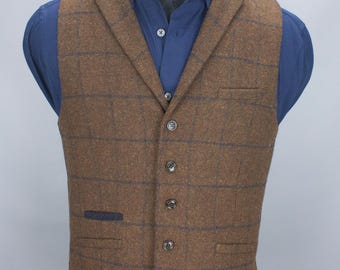 Chaleco de tweed marrón para hombre, chaleco de cuadros en mezcla de lana (UK 36R)