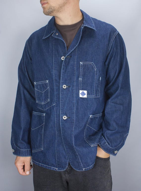 Indigo Denim Railroader Chore Jacket for Men, Post O'Alls Deluxe Coverall, Size Medium Japan