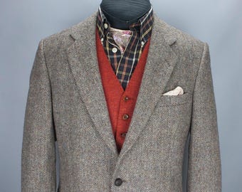 Harris Tweed Wool Blazer: Brown Multi Herringbone Herringbone Sport Coat, Size 40, 102 cm