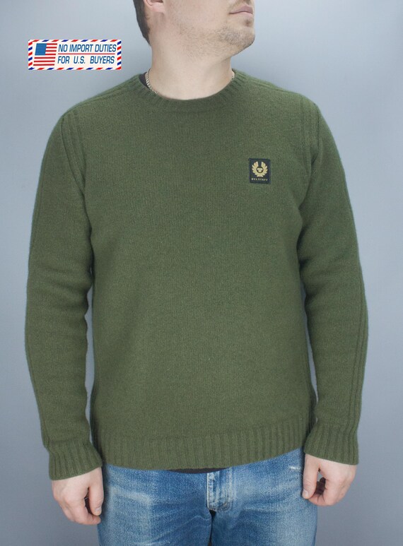 Belstaff, Belstaff Wool Sweater Knit Watch Crewneck Olive Green Mens L-XL Italy Made