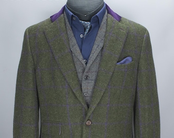 Scabal Mens Green Tweed Jacket with Violet Overcheck Size 52R Sport Coat Elbow Patch