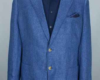Proper Cloth Blue Herringbone Blazer Italian Marzotto Linen Lyocell Sport Coat Size 48*