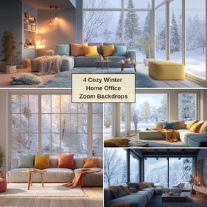 Peut inclure: Quatre arrière-plans Zoom de bureau à domicile d'hiver douillets. Les images montrent des salons modernes avec de grandes fenêtres donnant sur des paysages enneigés. Chaque pièce comprend un canapé sectionnel avec des coussins et des jetés colorés, créant une atmosphère chaleureuse.