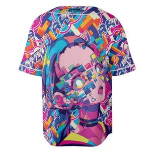 May include: A colourful baseball jersey featuring a graphic print of a woman's face with a pixelated design. The jersey has a white collar and short sleeves. The text "SHIN STITCHES" is printed on the back of the jersey.