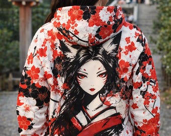 Sudadera con capucha de forro polar con flores Kitsune