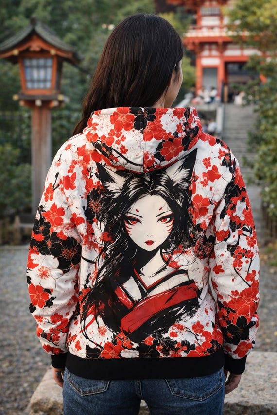 Fleece Hoodie Kitsune Flowers