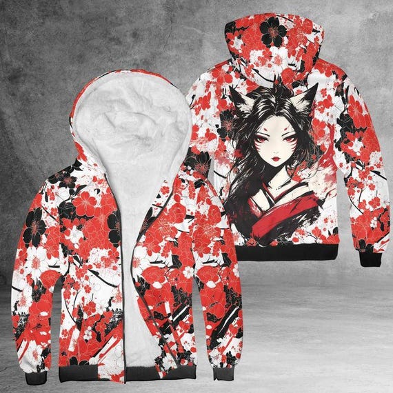 Fleece Hoodie Kitsune Flowers