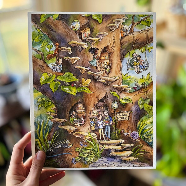 The Book Tree - Illustration Art Print, Woodland Art, Decor, Nature, Library, Reading, Forest, Children's Illustration, Woods, Fairies