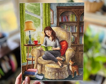 Book Girl Art Print - Reading Story Illustration, Literature, Library Art, Book Collector, Coffee, Tea, Cozy