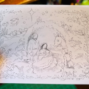 Silent Night Nativity Scene Coloring Page for Christmas Storybook Style