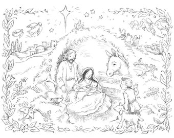 Silent Night Nativity Scene Coloring Page for Christmas Storybook Style Illustration for Children