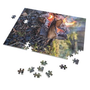 Campfire Log Jigsaw Puzzle with Tin | Cozy Outdoor Fireplace Scene Assembly