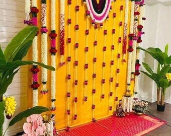 8*8 Feet fabric Garlands Complete Backdrop Set for Housewarming Decor / Ganpati Decor / Wedding Decor / Haldi Decor
