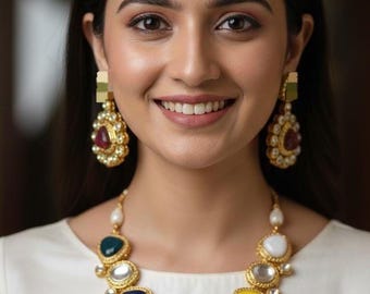 Polki Necklace, Navratan Necklace, Designer Bollywood,bridal jewelry,wedding jewelry,Indian Pakistani statement classic evergreen jewelry