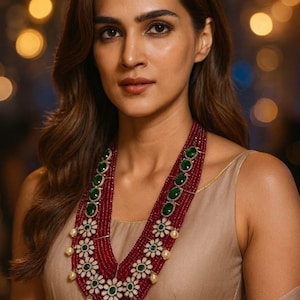 May include: A multi-strand necklace featuring a deep red beaded design, accented with green gemstones and white floral clusters. The necklace includes pearl-like drops and is worn against a neutral-toned top.