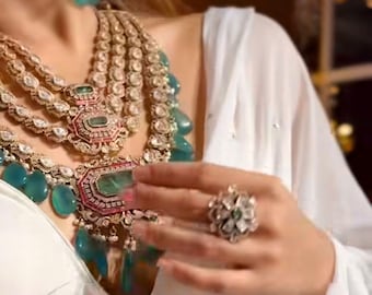 Collana Royal Uncut Polki Kundan/ Doppietto ispirato a Sabyasachi con pietre zambiane/ Set di collana da sposa indiana e pakistana