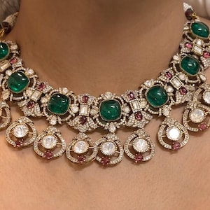 Fine Gold Finish Emerald Mint Green Uncut Moissanite Polki Kundan Wedding Jewelry Necklace Set with Earrings/ Sabyasachi Statement Jewelry