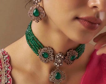 Sabyasachi inspired Premium Emerald Green Moissanite Kundan Choker Polki Jewelry Indian Victorian Green Stone Kundan Set Statement Choker