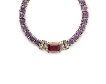 Fine Gold Finish moissanite and doublet Bridal Fusion Statement Wedding Necklace Set with Earrings Sabyasachi Jewelry Indian Pakistani Set