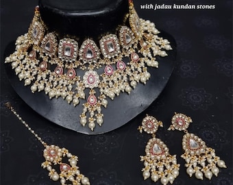 Jadau Kundan ruby pink Necklace Set with long earrings and tikka/Sabyasachi Inspired Jewelry/Bollywood Jewelry/Statement necklace