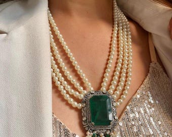 Premium Long Multilayered Victorian Emerald Green Pearl White Pendant Necklace Set With Stud Earrings Sabysachi Jewelry set