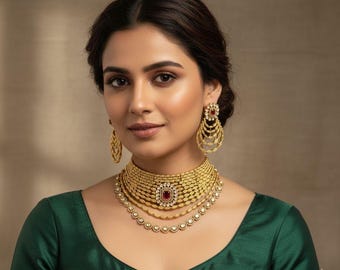 Sabyasachi Inspired Fine Moissanite with intricate Matt gold carving and earrings,statement fusion wedding bridal bridesmaid gold necklace