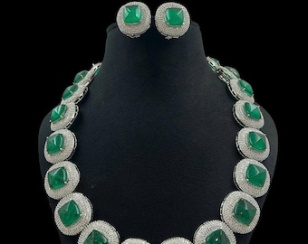 Emerald green and blue american diamond necklace set with earrings/ statement bridal cocktail wedding modern fusion designer diamond set
