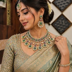 Tyaani inspired polki mossanite ruby pink emerald necklace with earrings and tikka set,Indian Pakistani Bridal wedding statement festive set